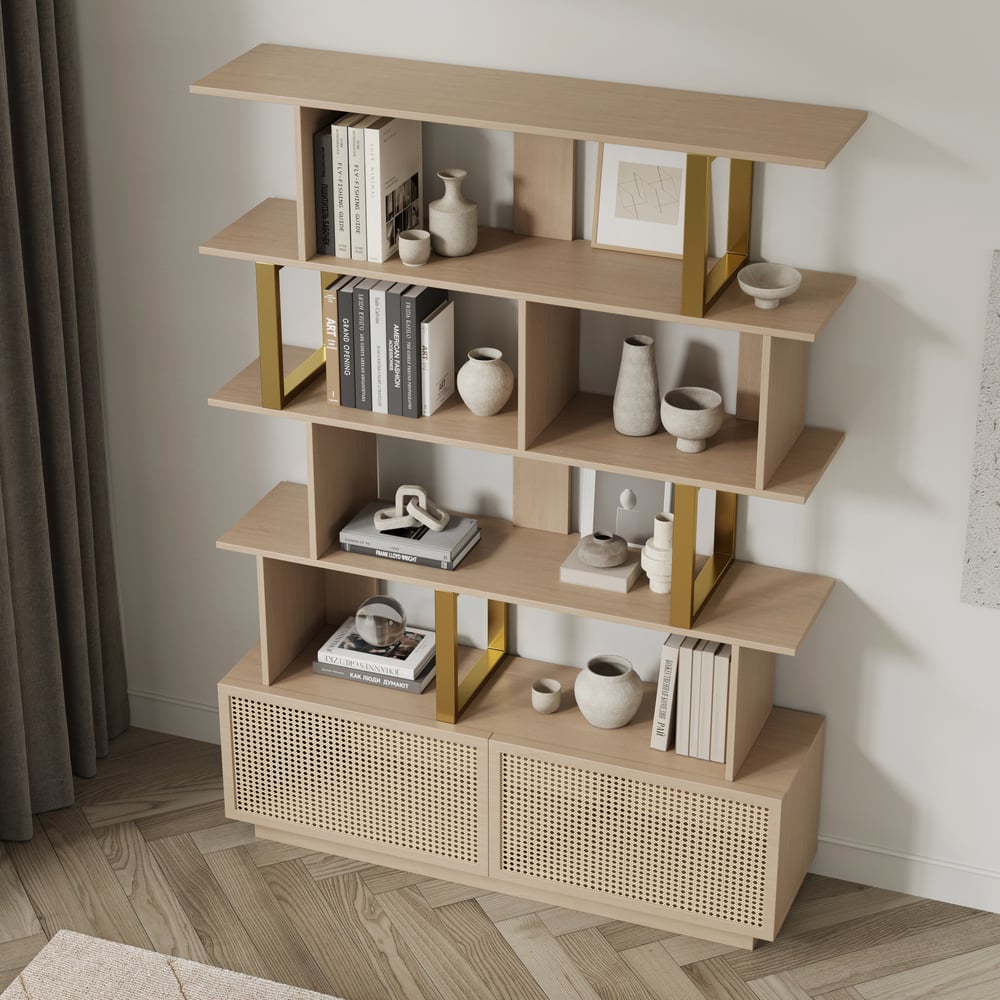 5-Tier Whitewash Bookshelf with 2 Drawers Wooden Bookcase in Gold (64.8" High) window image
