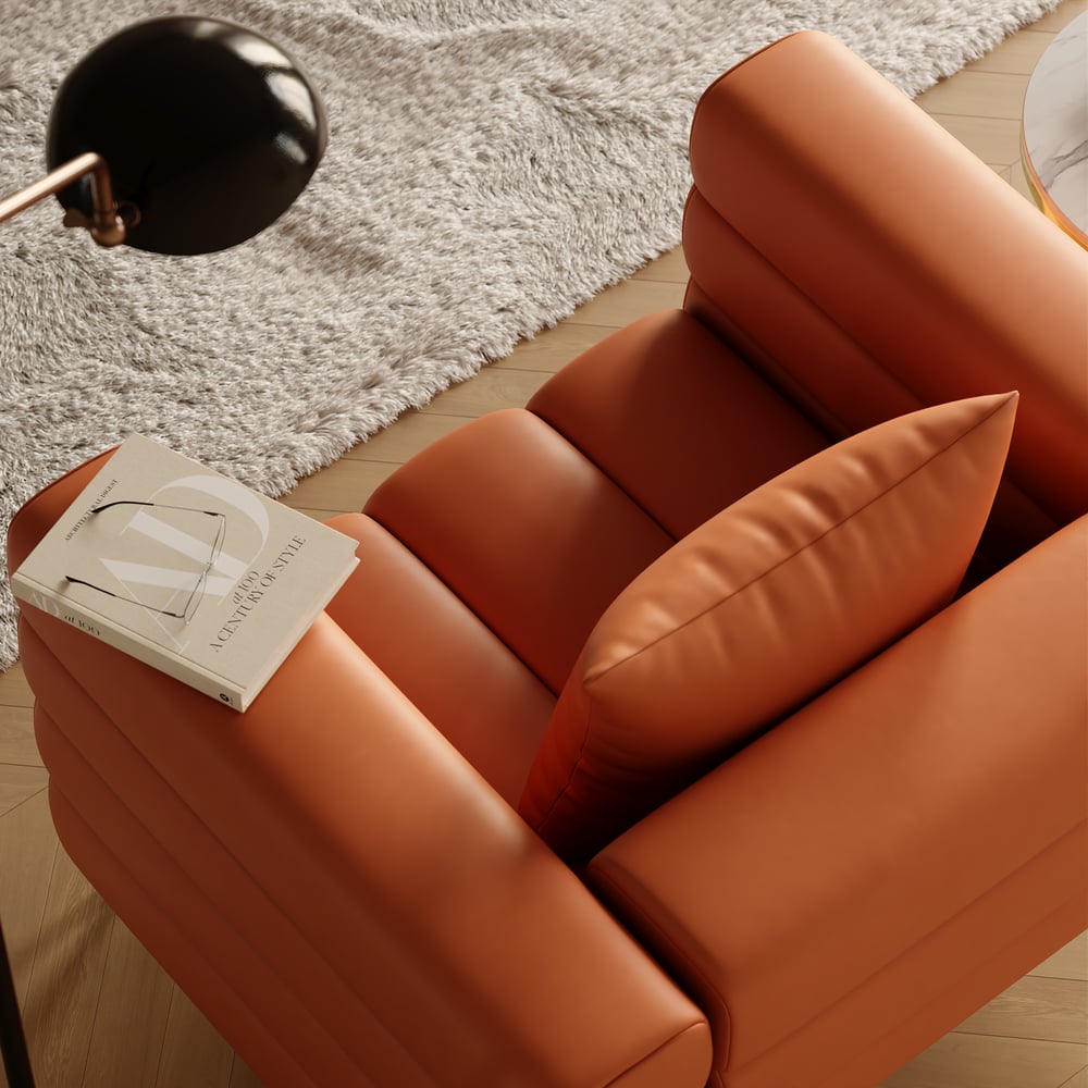 Set divano 3 pezzi Axial con divano chaise longue, pouf e poltrona d'accento Immagine della finestra