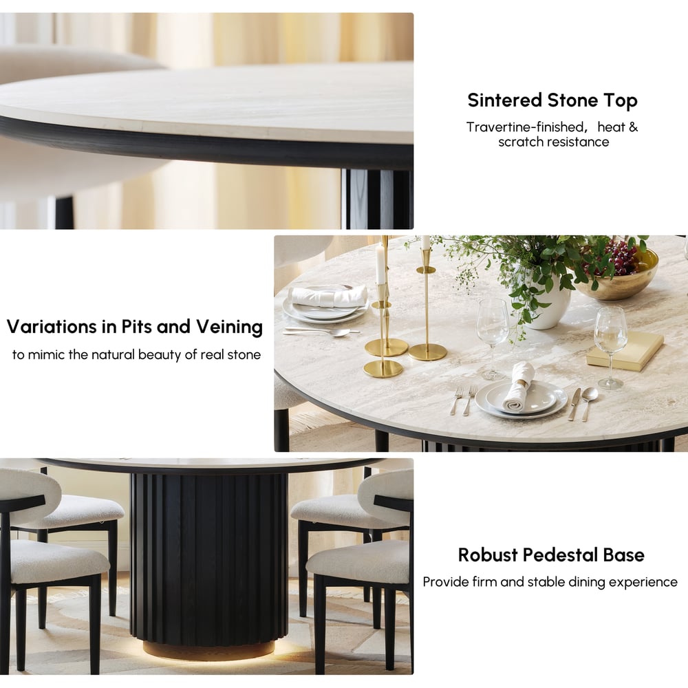 Aura 47" Round Black Faux Travertine Sintered Stone Dining Table, Fluted Base, Seats 4 window image