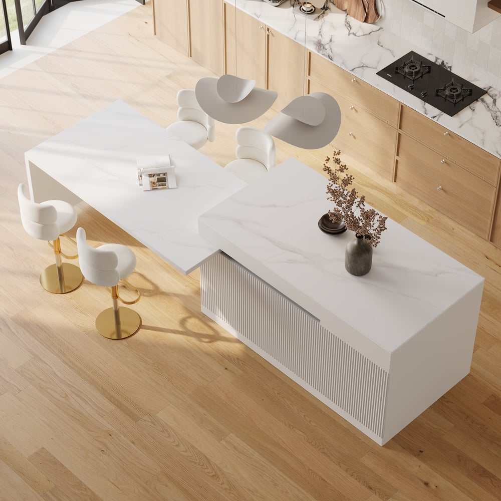 Îlot de cuisine moderne de 81" à 118" en pierre frittée avec tiroirs et portes, blanc image de fenêtre