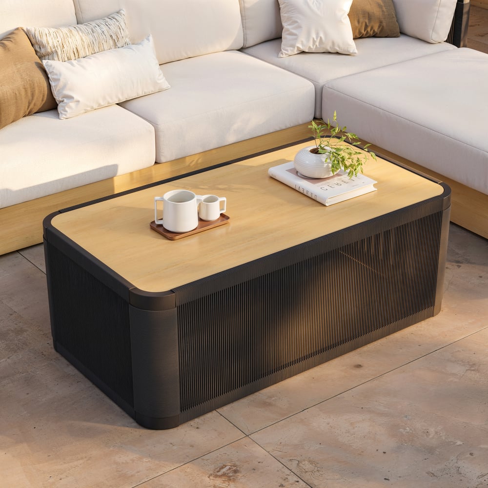 Costra Woven Outdoor Sectional Sofa Set with Adjustable Reclining Chaise and Coffee Table Black window image