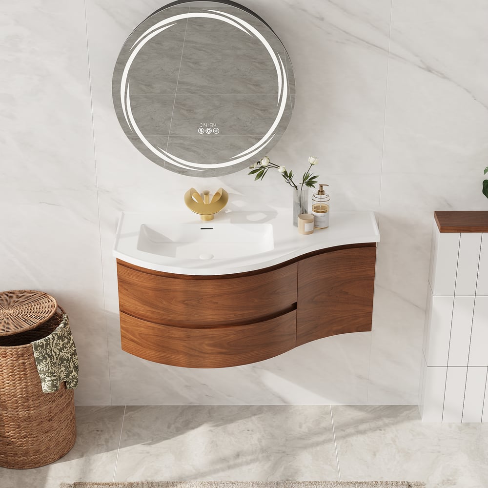 Floating Curved Bathroom Vanity in Walnut Left Offset & Round LED Medicine Cabinet Set window image