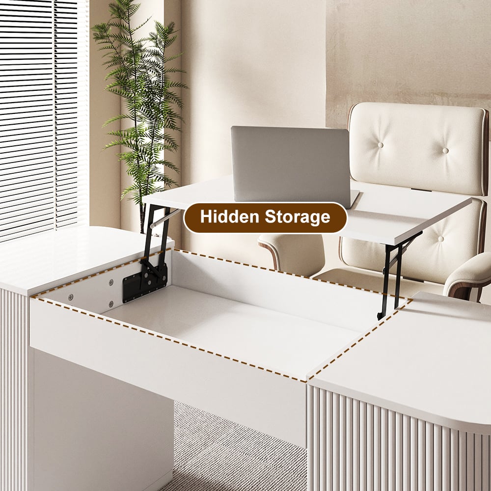 Modern 60" White Standing Office Desk & Sliding Door Etagere Bookshelf window image