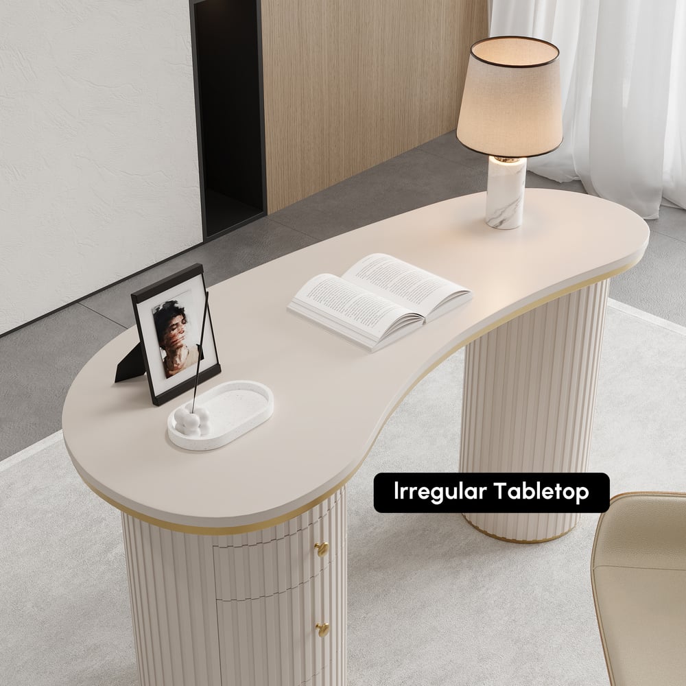 Warm White Curved Wooden Office Desk & Adjustable Swivel Executive Chair in Beige & Gold window image