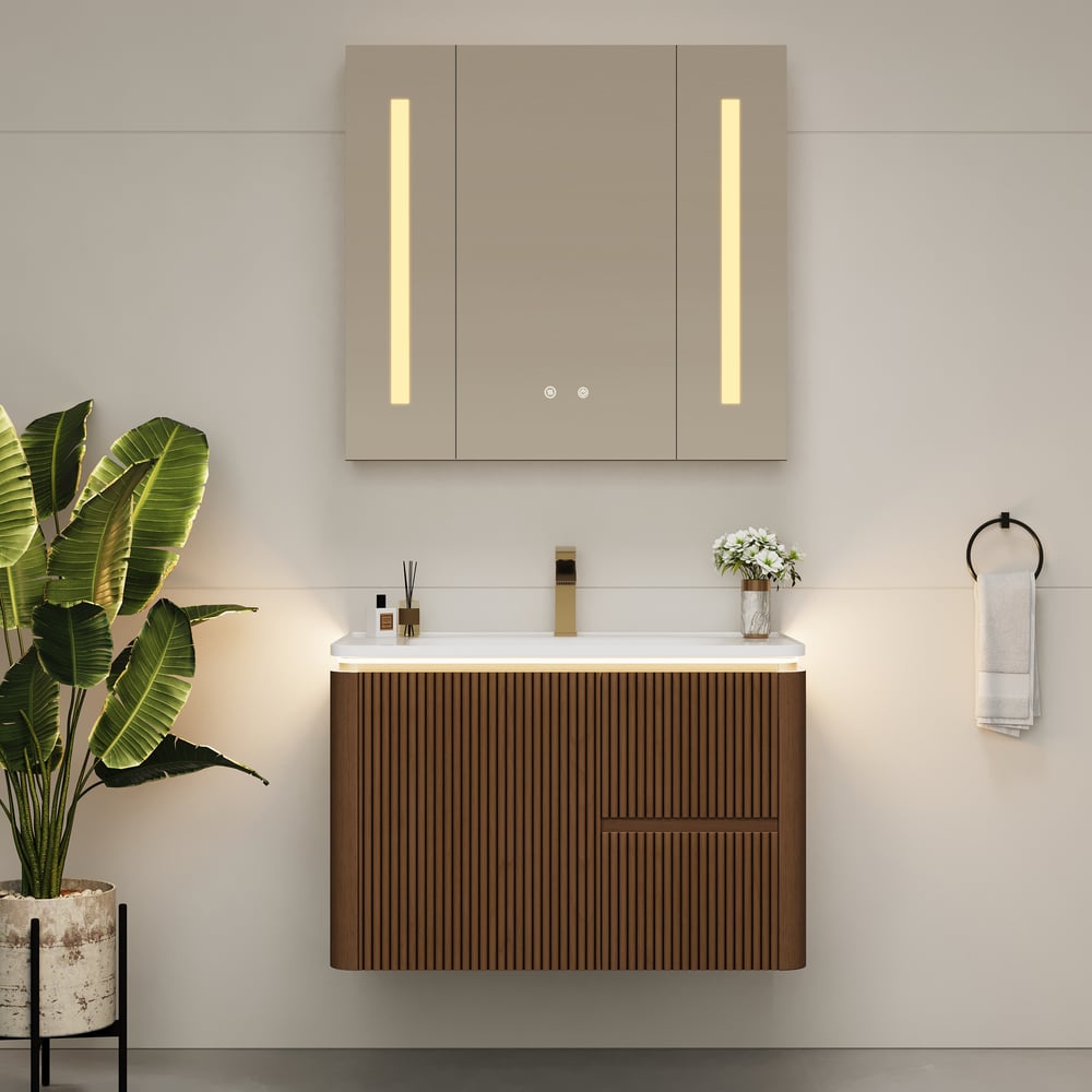 Meuble-lavabo de salle de bain flottant cannelé moderne de 81 cm avec lavabo, éclairage LED doux et grand espace de rangement image de fenêtre