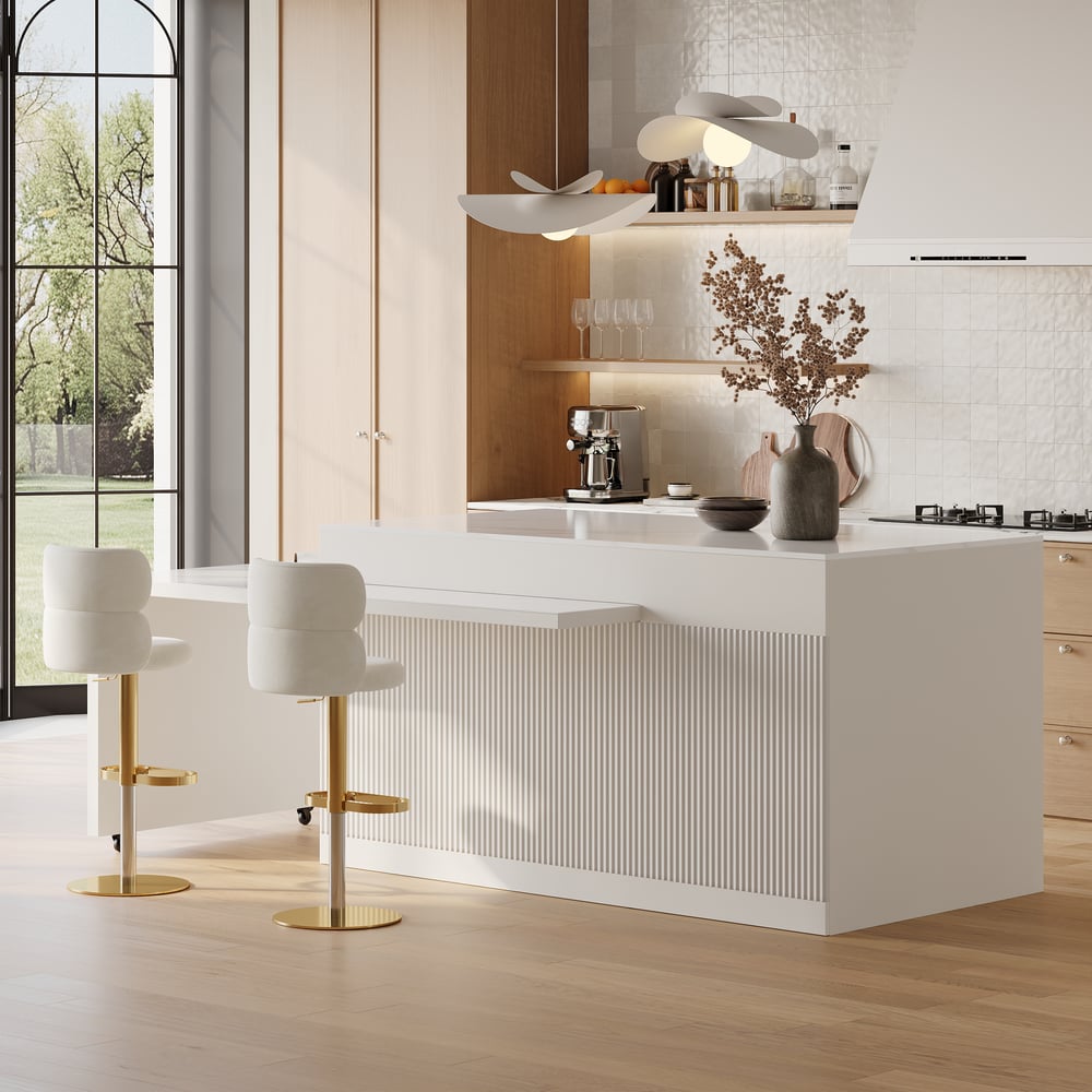 Îlot de cuisine moderne de 81" à 118" en pierre frittée avec tiroirs et portes, blanc image de fenêtre