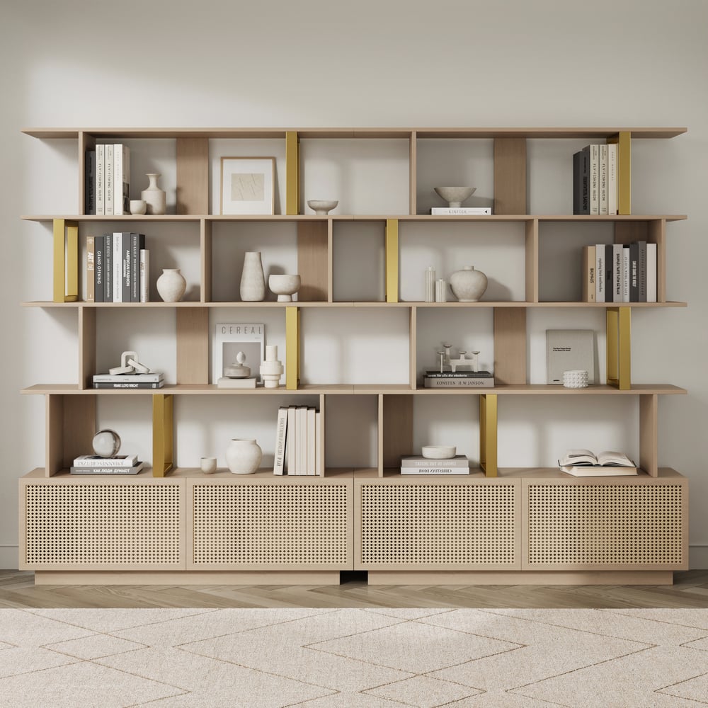 5-Tier Whitewash Bookshelf with 2 Drawers Wooden Bookcase in Gold (64.8" High) window image