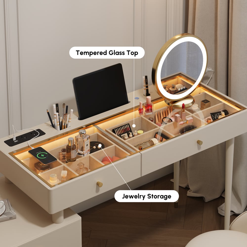Selva Oatmeal Saddle Leather LED-Makeup Vanity Set with Charing Station and Mirror window image