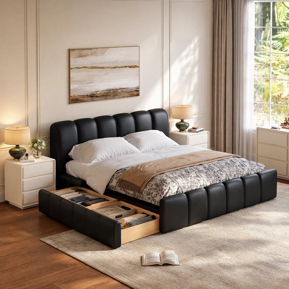 Humply Queen Black Faux Leather Storage Bed with Drawers window image