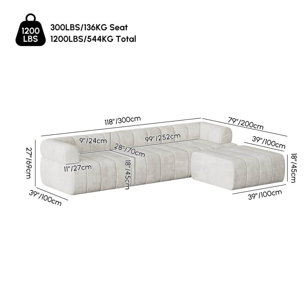 Nimbus 118" 4-Piece Channel Tufted Velvet Sectional Sofa with Ottoman weights dimensions image