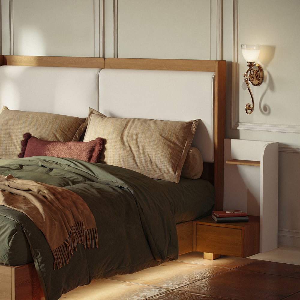 King Solid Wood Bed with Leather Extended Headboard & Floating Smart Nightstand Set window image