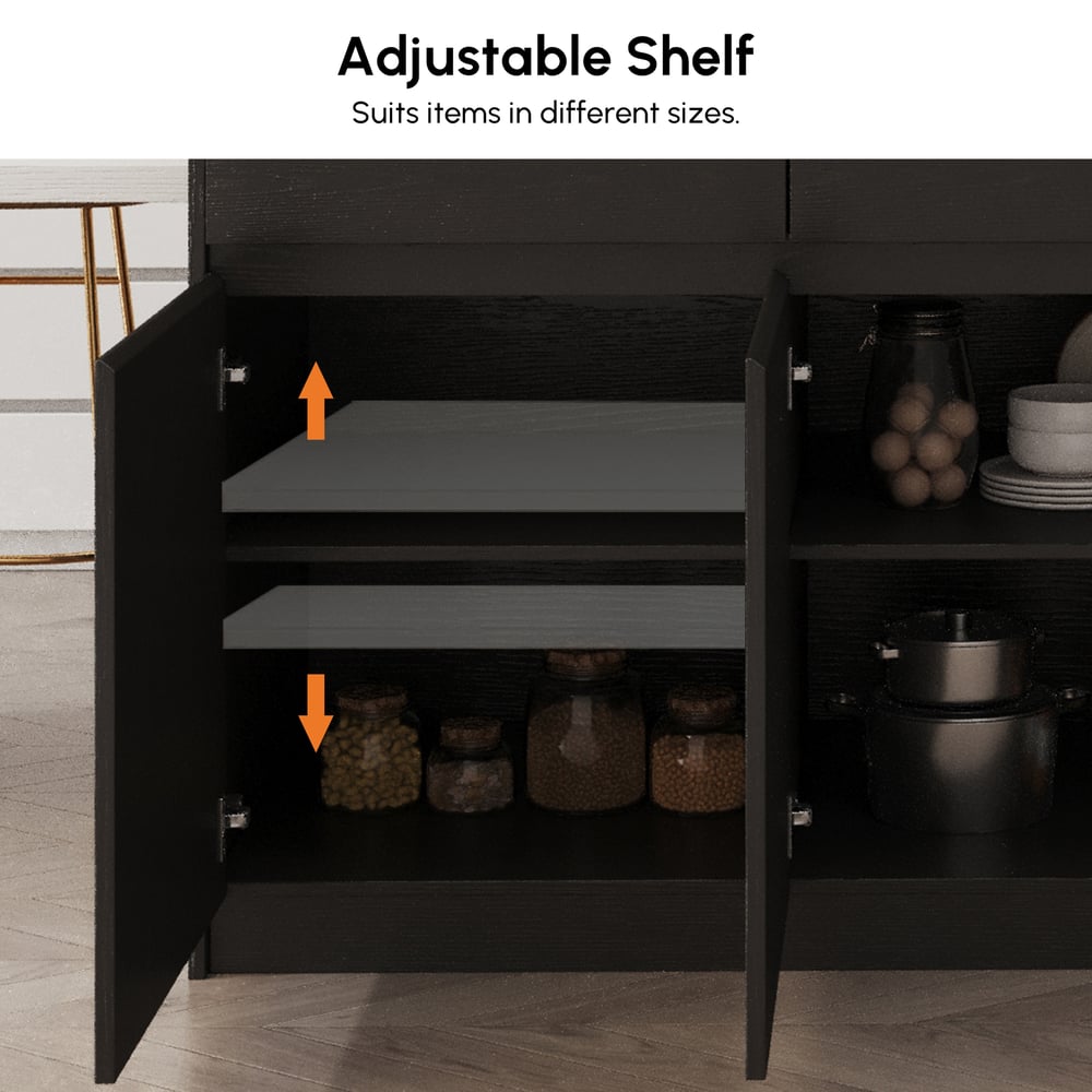 Îlot de cuisine extensible en pierre frittée de 205 à 270 cm avec portes et tiroirs, noir et blanc image de fenêtre