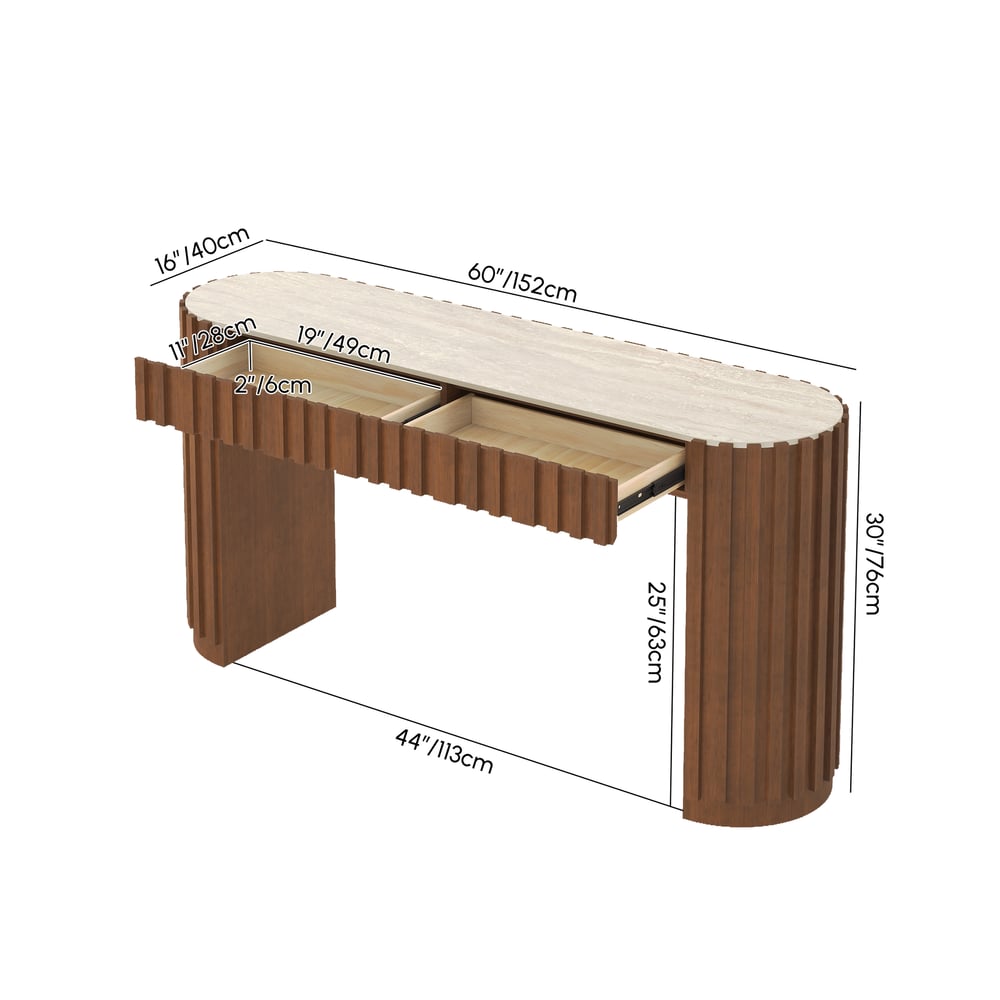 Aura 60" Ash Wood Fluted Walnut Console Table With SIntered Stone Top weights dimensions image