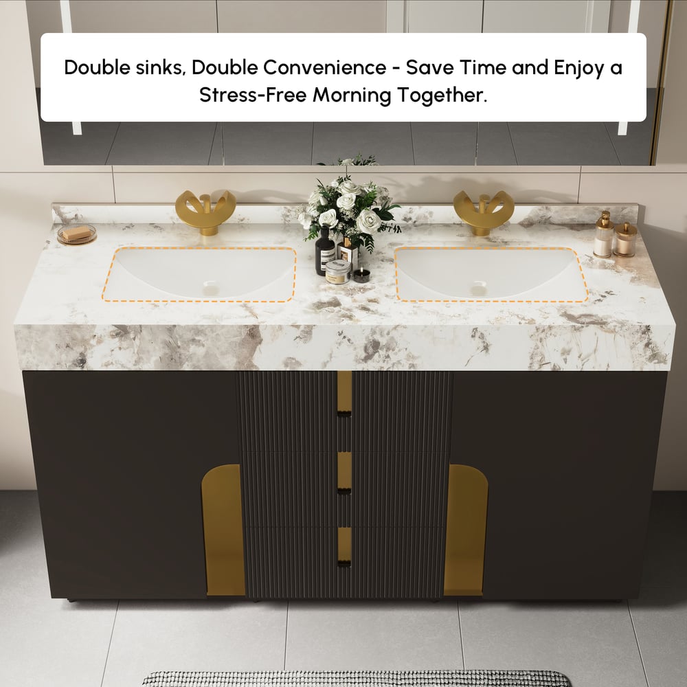 Mueble de baño Artis de 60" con doble lavabo y encimera de piedra sinterizada, 3 cajones Imagen de ventana