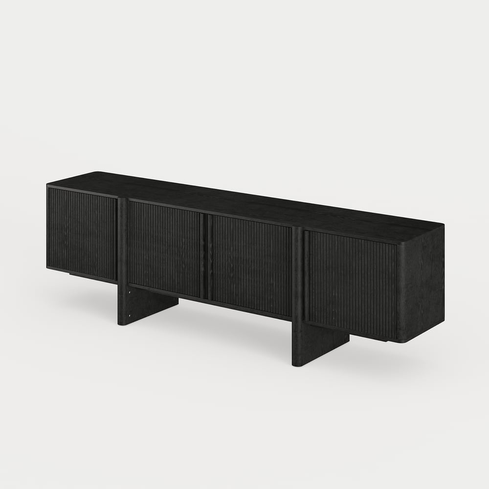 80" Solid Wood Fluted Black TV Stand with Cabinets window image