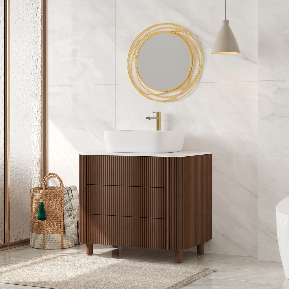 80cm Fluted Freestanding Bathroom Vanity with Vessel Sink, 3-Drawers, Sintered Stone top window image