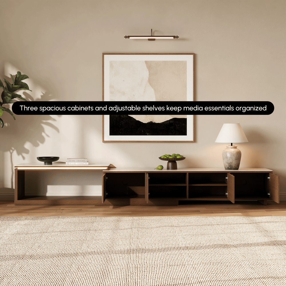 71"-108" Extendable Walnut TV Stand with Sintered Stone Top & Cabinets window image