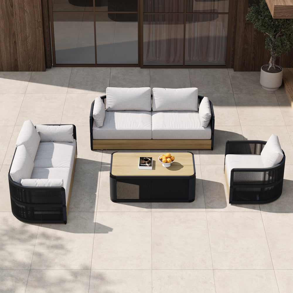4-Pieces Modern Aluminum & Rope Outdoor Swivel Sofa Set with Coffee Table in Black for 6 window image