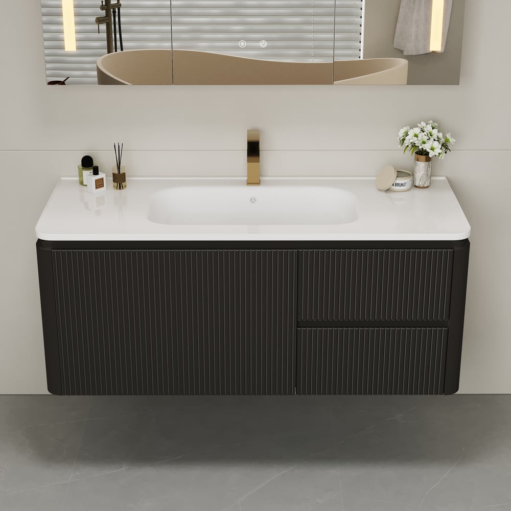 Mueble de baño flotante moderno de 120 cm con lavabo, LED suave, amplio almacenamiento Imagen de ventana