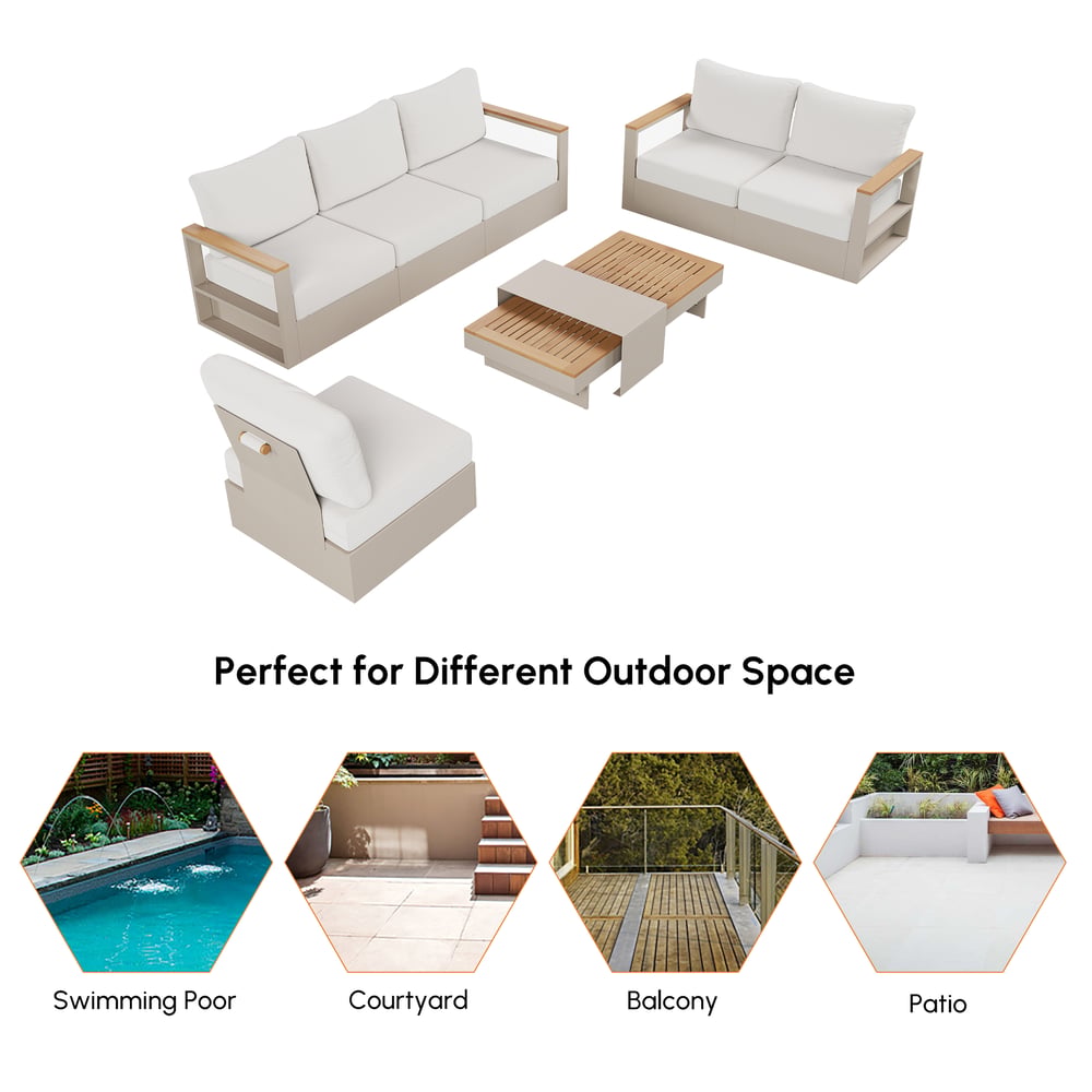 Tevara 6-Person Outdoor Sofa Set with Wood & Aluminium Frame, Sand & Warm White (4-Piece) window image