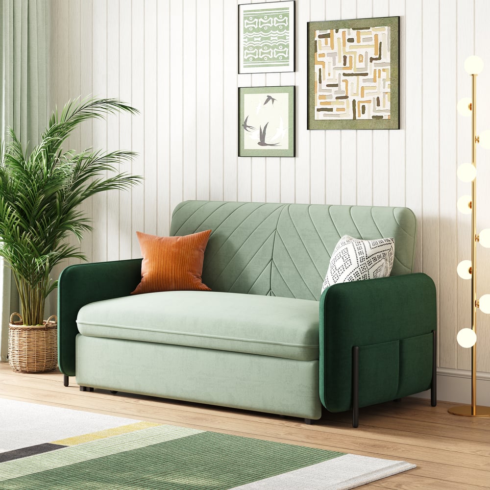 170 cm 2-Seater Green Velvet Convertible Sleeper Sofa with Storage & Pillows window image