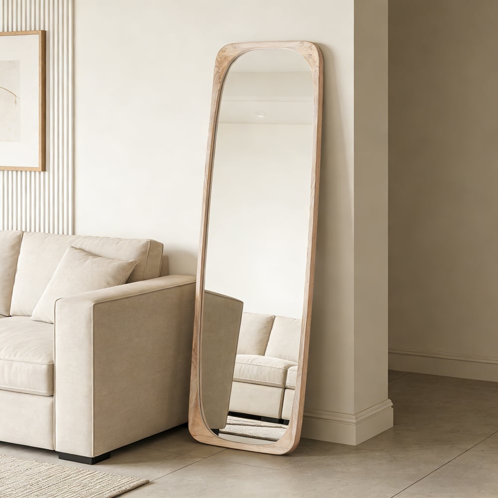 Rectangle Full Length Floor Mirror Wood Frame 175cm Leaning Mirror Natural window image