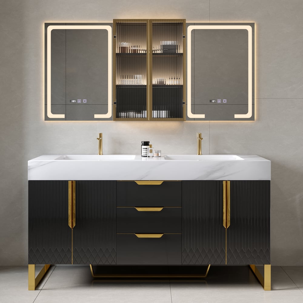 Mobile a specchio LED nero da 150 cm con vano centrale, dimmerabile a 3 colori e antiappannamento Immagine della finestra