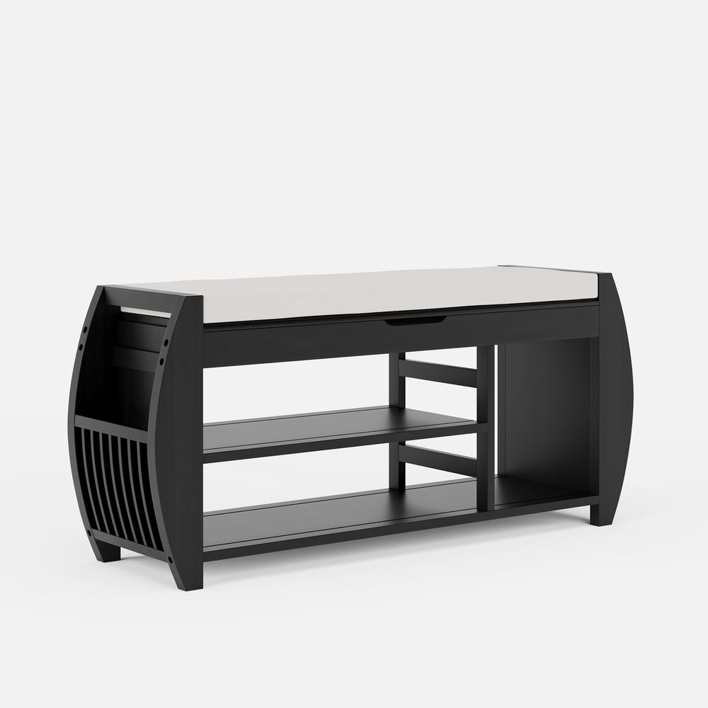 Banco zapatero de entrada de madera maciza negra de 40 pulgadas con estante para zapatos Imagen de ventana