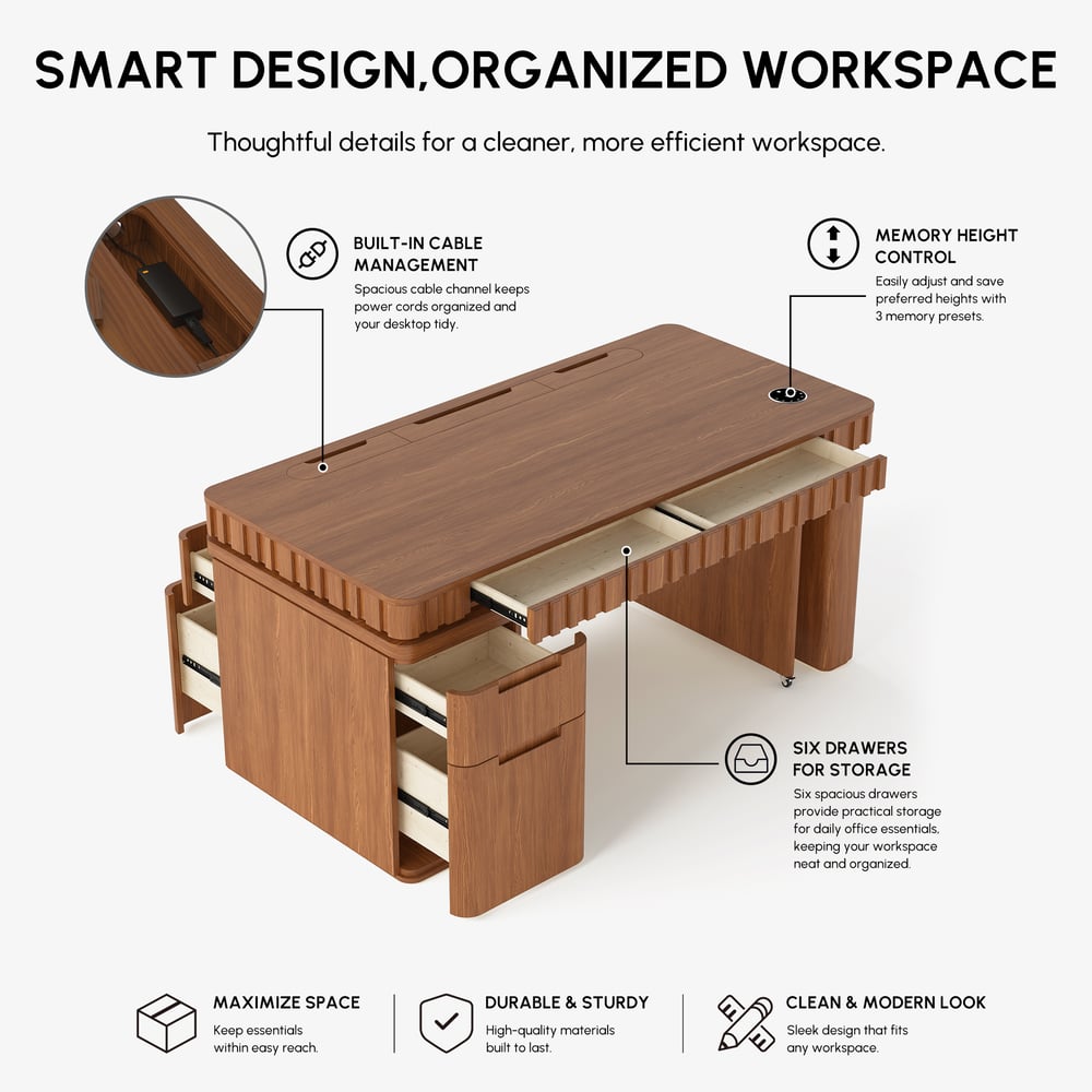 Aura 63" Walnut Flutted 360-Degree Rotating Desk Electric Adjustable Standing Desk window image