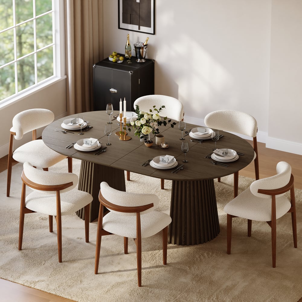 Modern 47"-79" Extendable Smoky Brown Wood Dining Table with Fluted Base, Seats 4-6 window image