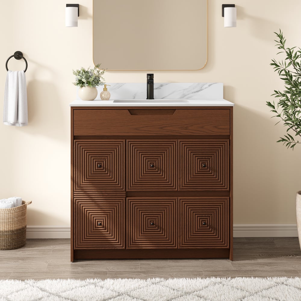 92cm Walnut Single Bathroom Vanity with Sink and Sintered Stone Top window image