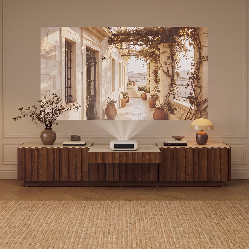 Aura 80" Ash Wood Fluted Walnut Projector TV Stand with Sintered Stone Top window image