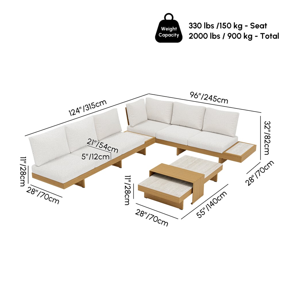 Tevara 4-Piece Outdoor Sintered Stone & Aluminum Modular Sofa Set with Coffee Table weights dimensions image