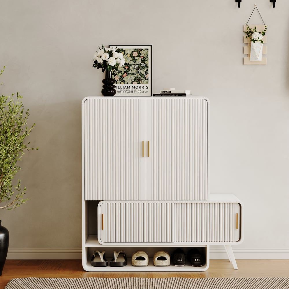 37" Warm White Shoe Storage Fluted Entryway Cabinet, Right Hand window image