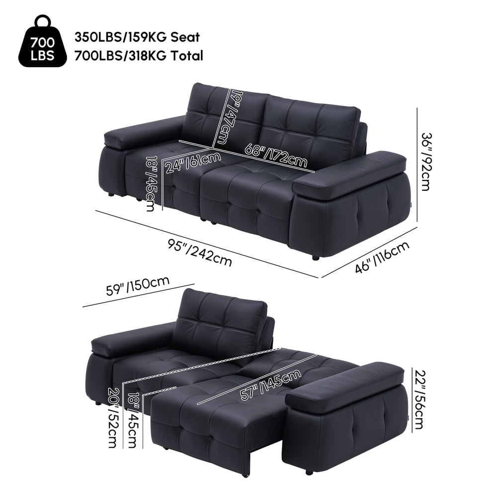 96" 2-Seater Genuine Leather Power Convertible Sleeper Sofa with adjustable armrests weights dimensions image