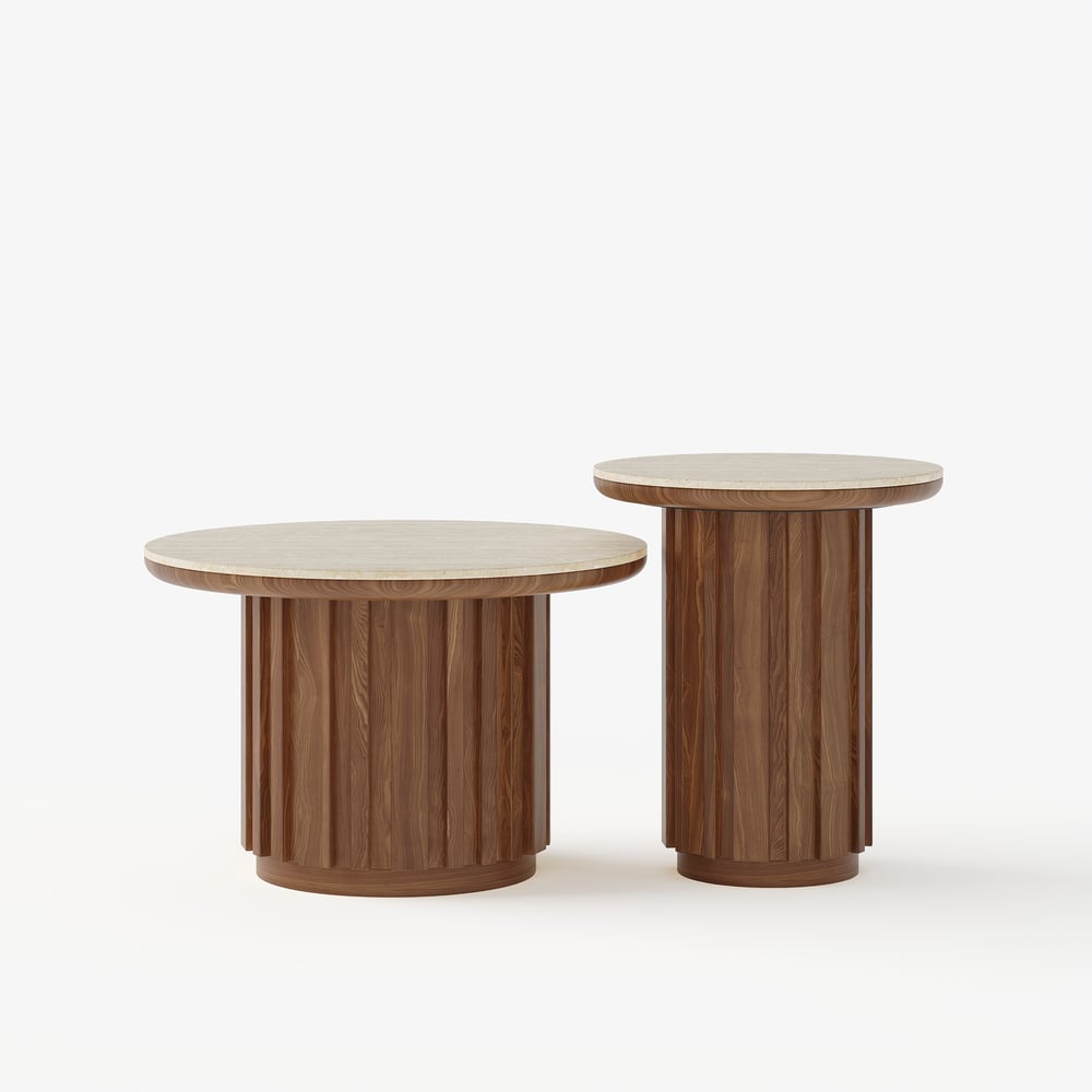 Aura 2 Piece Set Ash Wood Slatted  Round Coffee Table with Sintered Stone Top(20" - 28") window image