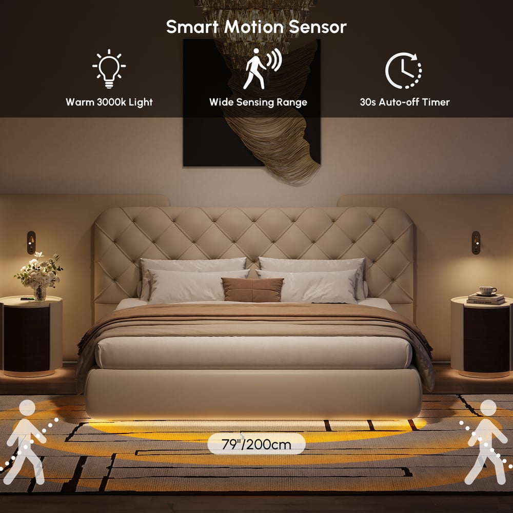 Modern King Genuine Leather Tufted Bed with Wide Charging Headboard & Light window image