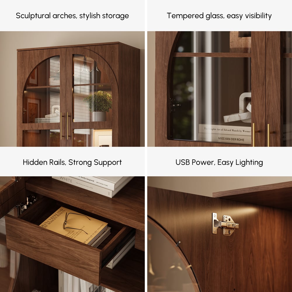 Arune Glass Tall Display Cabinet with Drawers & LED Light window image