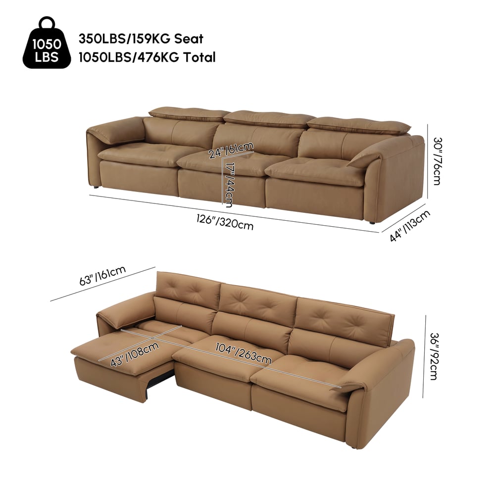 320 cm 3-Seater Genuine Leather Power Convertible Sleeper Sofa with Adjustable Headrests weights dimensions image