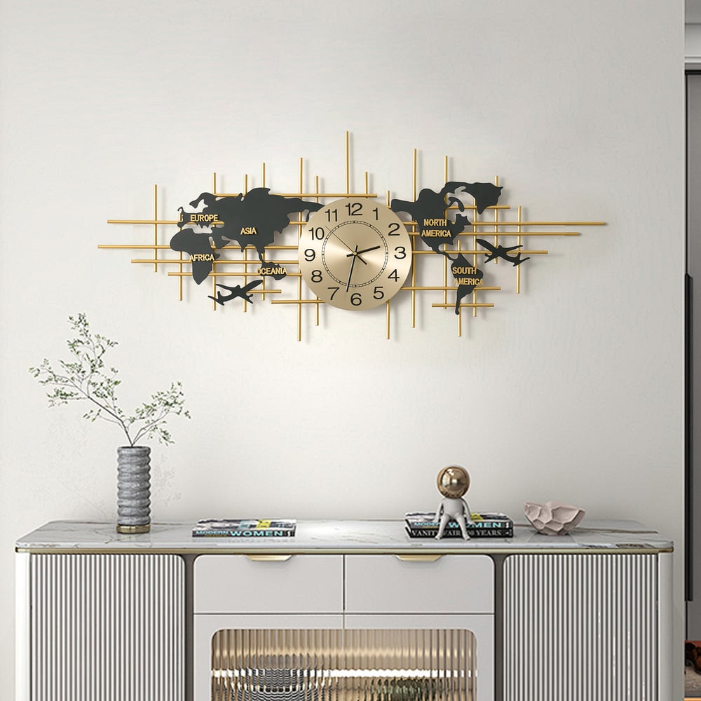 Reloj de Pared de Metal Grande de 116cm con Diseño de Mapa Decorativo Silencioso y Creativo para Sala de Estar Imagen de ventana