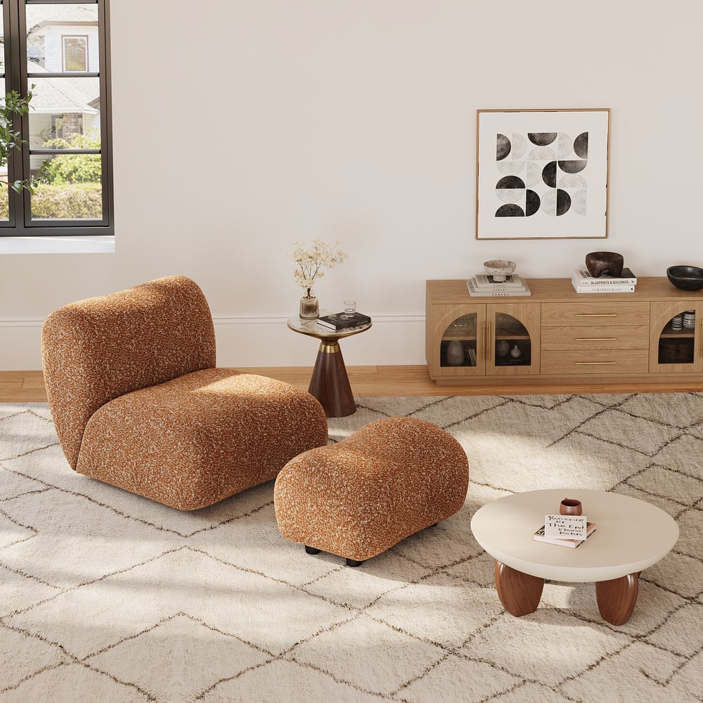 Set of 17" Performance Boucle Upholstered Curved Slipper Accent Chair and Ottoman window image