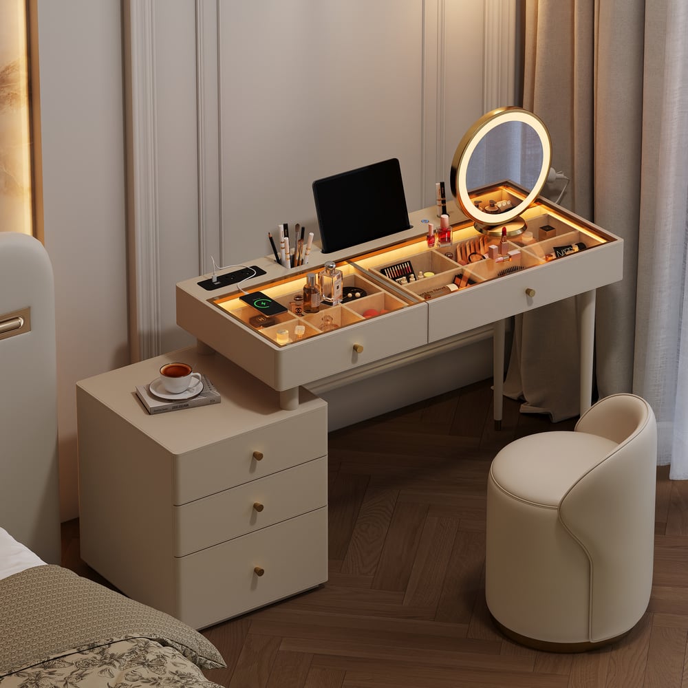 Selva Oatmeal Saddle Leather LED-Makeup Vanity Set with Charing Station and Mirror window image