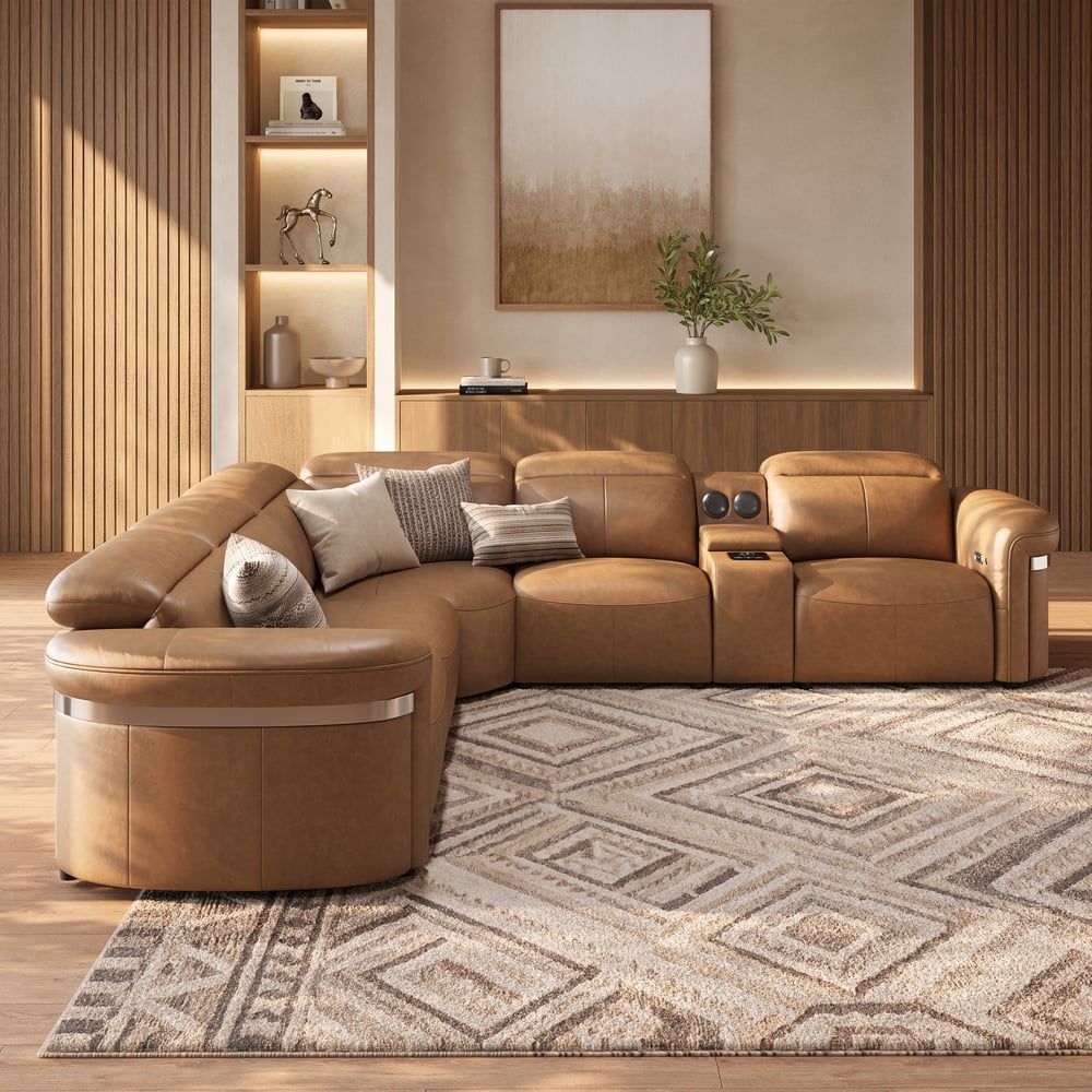 Genuine Leather Multifunction Media Console Power Reclining Sofa window image