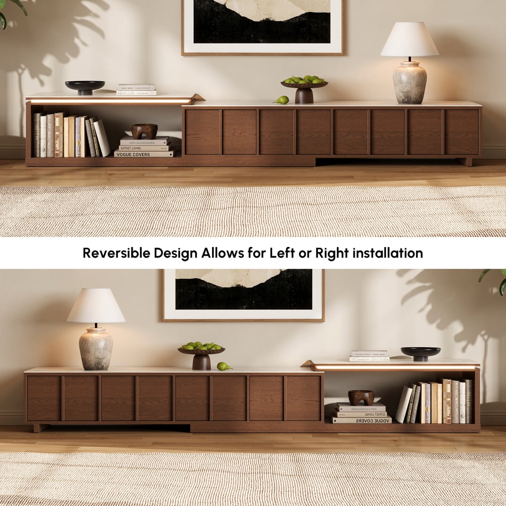 71"-108" Extendable Walnut TV Stand with Sintered Stone Top & Cabinets window image