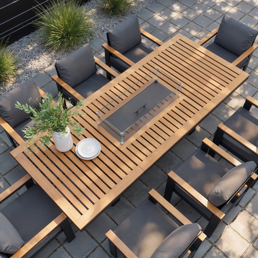 Axis 94.5" Outdoor Propane Fire Pit Dining Table with Hidden Tank & Wind Shield window image