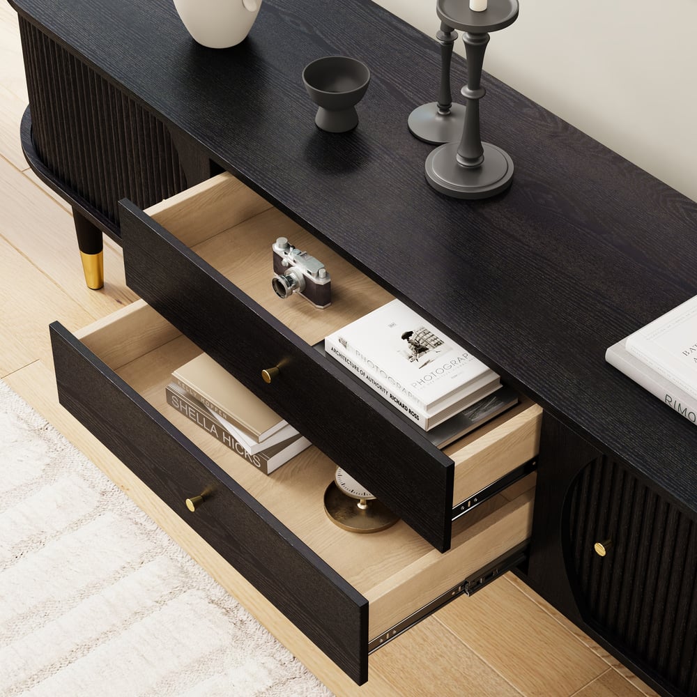 80" Ash Wood Fluted Black TV Stand with Storage window image