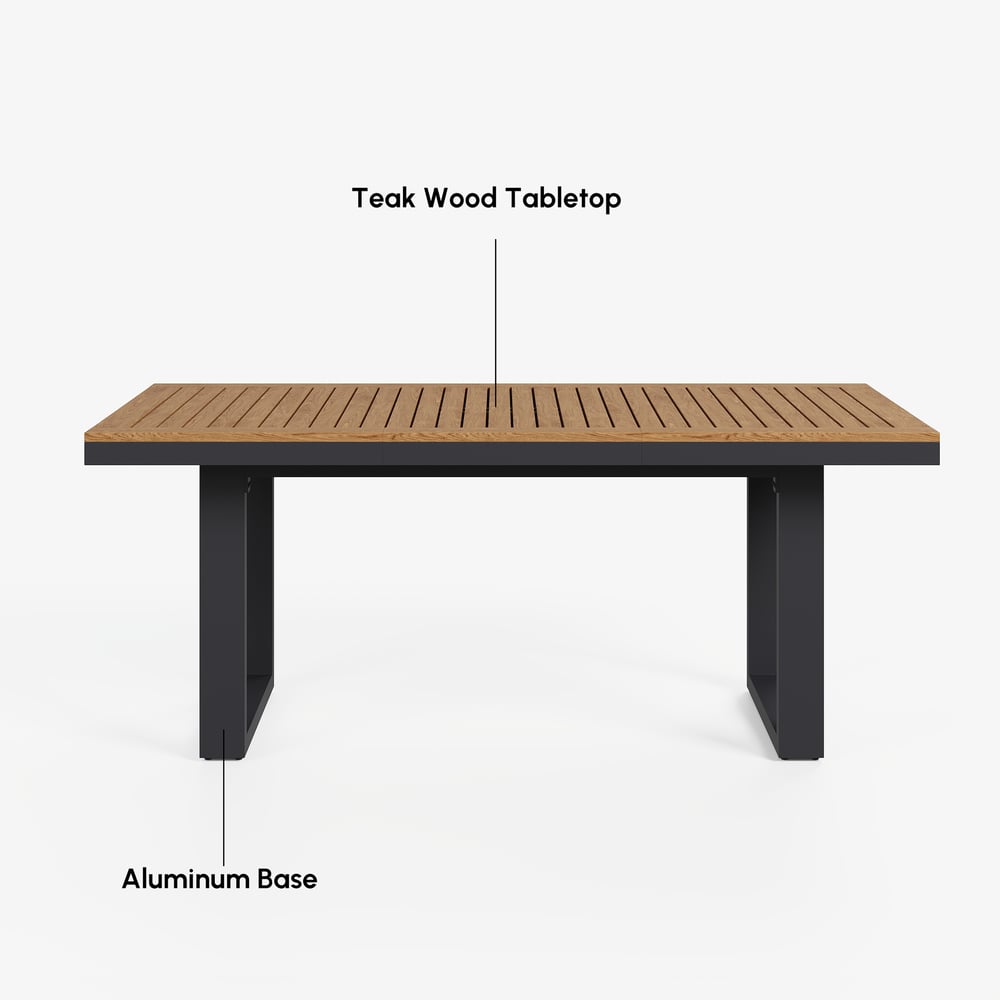 Tevara 6-Person Rectangle Teak & Aluminum Outdoor Patio Dining Table in Dark Gray window image