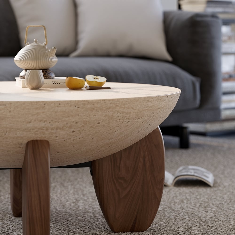 Table Basse Curva 76 cm Ronde en Béton Noyer avec Pieds en Bois image de fenêtre