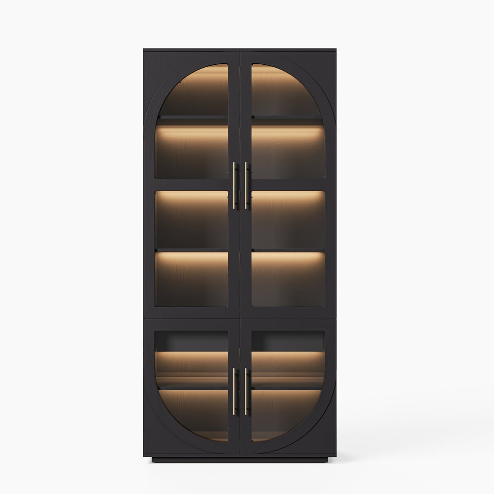Arune Zwart Glazen Hoge Vitrinekast met Lades & LED Verlichting Vensterafbeelding