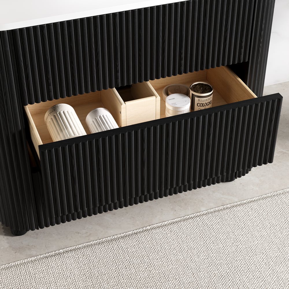 80cm Fluted Freestanding Bathroom Vanity with Vessel Sink, 3-Drawers, Sintered Stone top window image